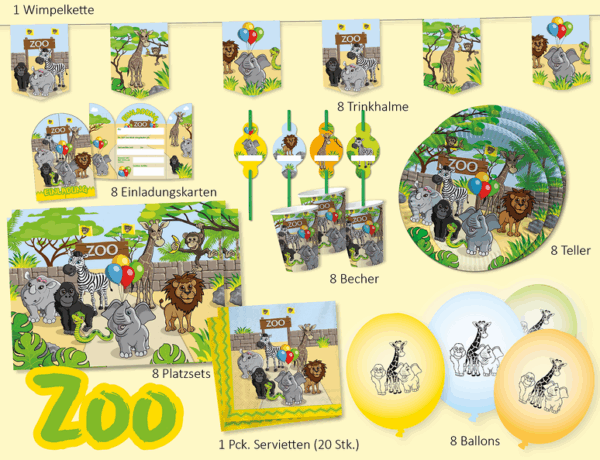 432365-ZOO-Partyset-Zoo-Inhalt---8-Pappteller--8-Pappbecher--1-Pack-Servietten---20-Stk---8-Papier-Trinkhalme-mit-Aufstecker--8-Einladungskarten--8-Ballons--8-Tischsets--1-Wimplekette-im
