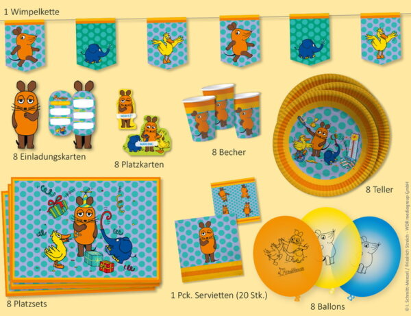 432119-DIE-MAUS-Partyset-Die-Sendung-mit-der-Maus-Inhalt---8-Pappteller--8-Pappbecher--1-Pack-Servietten--20-Stueck---8-Einladungskarten--8-Namensaufsteller--8-Latex-Ballons--8-Platzsets