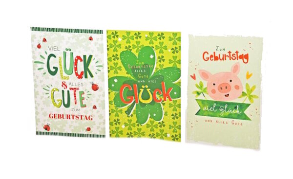 482294-Geburtstagskarte-Glueck-100-Stueck-3-Motive-11-5-x-17-5-cm
