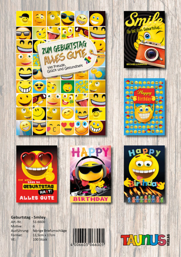 433398-Smiley-Geburtstagskarten-100-Stueck-6-Motive