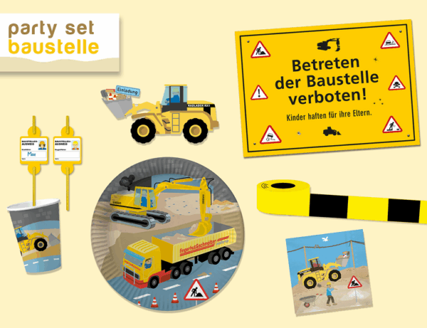 432225-BAUSTELLE-grosses-Baustellen-Partyset-fuer-8-Kinder--Inhalt---8-Einladungskarten-in-Baggerform--8-Becher--8-Teller--8-Papierhalme-mit-Namensschild--8-Platzsets--20-Servietten--10-