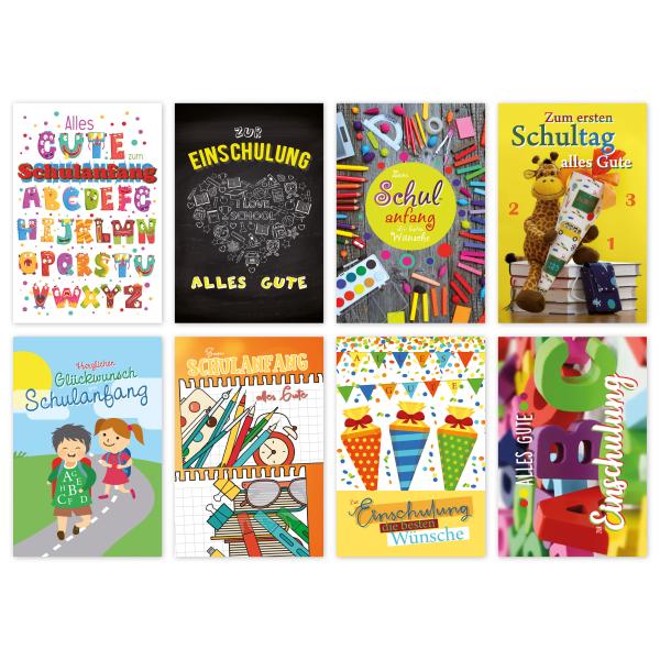 482297-Schulanfangskarte-100-Stueck-8-Motive-11-5-x-17-5-cm